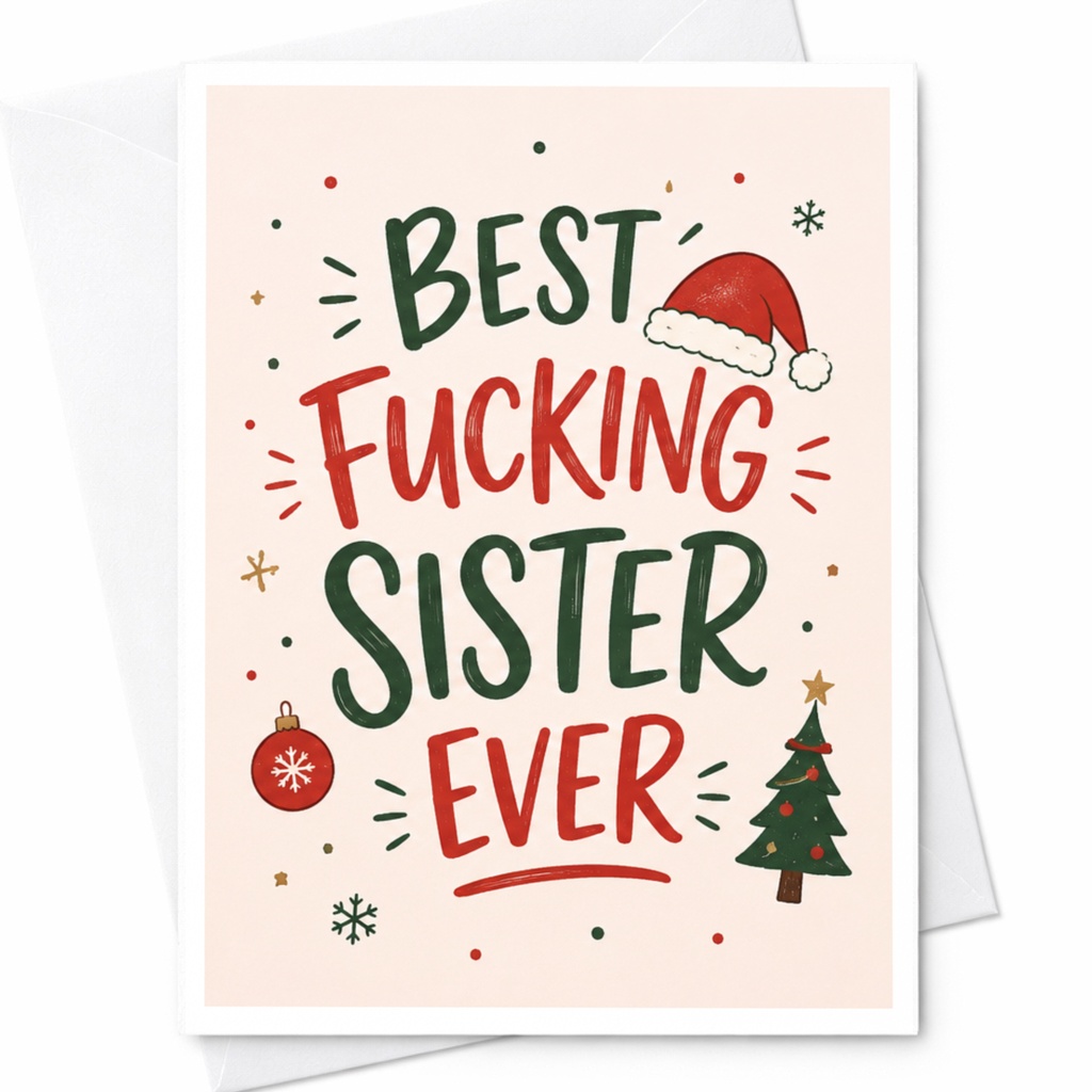 Best Fucking Sister Ever Christmas Card Funny Holiday Greeting For Sister Santa Hat Xmas Tree Cute Festive Card C5995