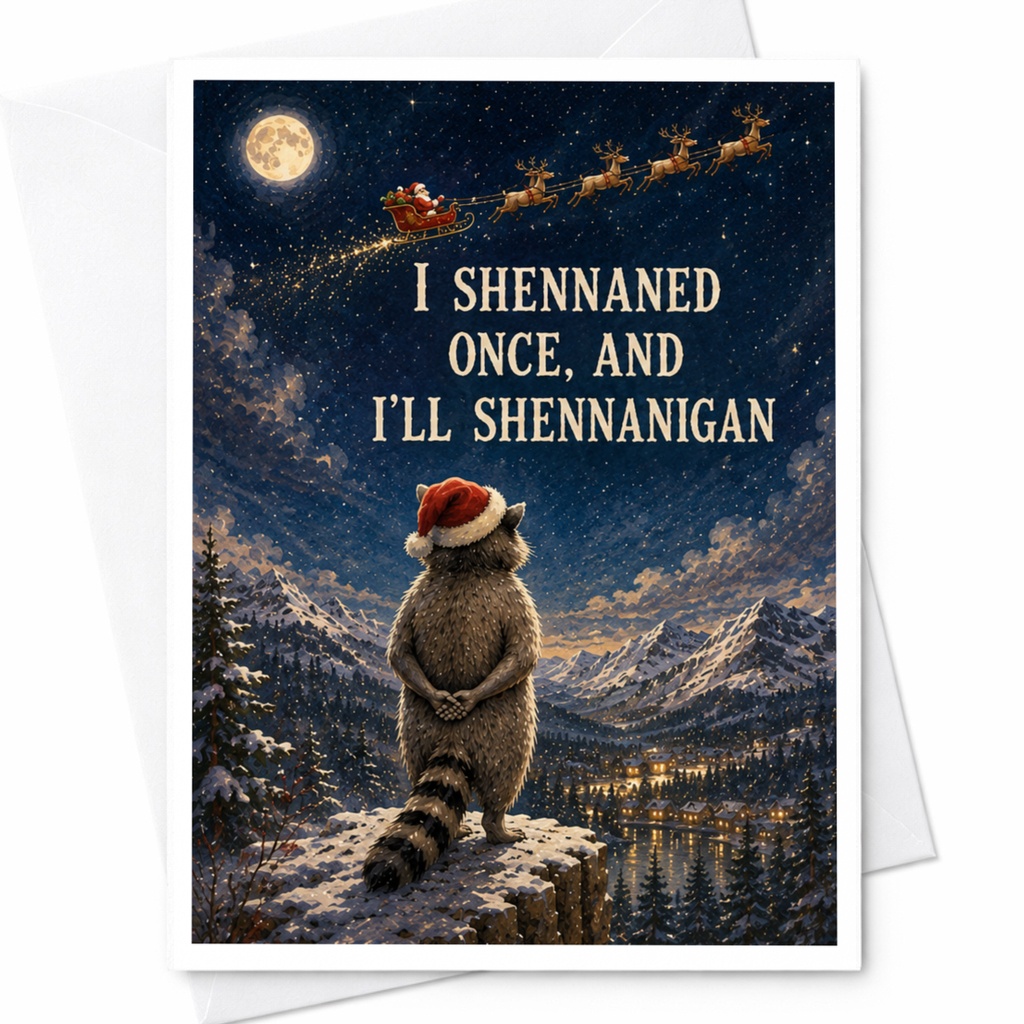 I Shennaned Once, And I'll Shennanigan Funny Christmas Card Raccoon Santa Hat Holiday Card For Friends Family C6000