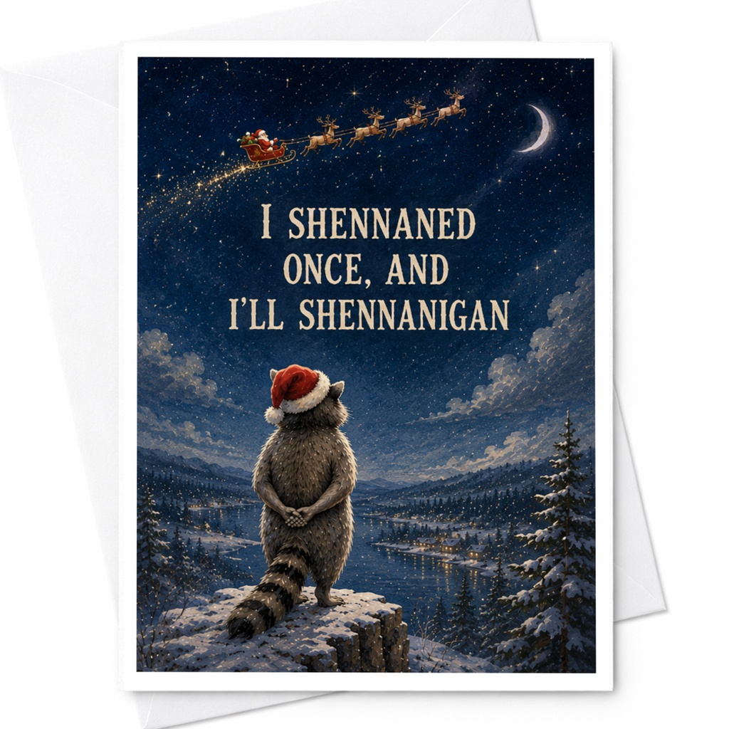 I Shennaned Once, And I'll Shennanigan Funny Christmas Card Raccoon Santa Hat Holiday Cute Animal Card For Friends C6001