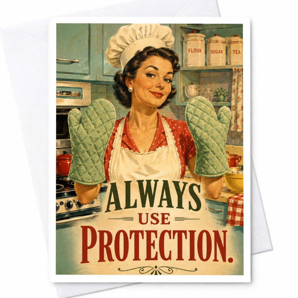 Always Use Protection Funny Greeting Card Retro Kitchen Card For Her Vintage Style Birthday Card C6008