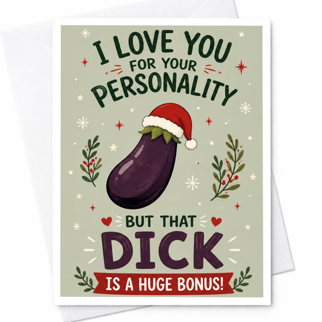 I Love You For Your Personality But That Dick Is A Huge Bonus! Funny Christmas Card For Partner Naughty Holiday Card Cute Eggplant C6013