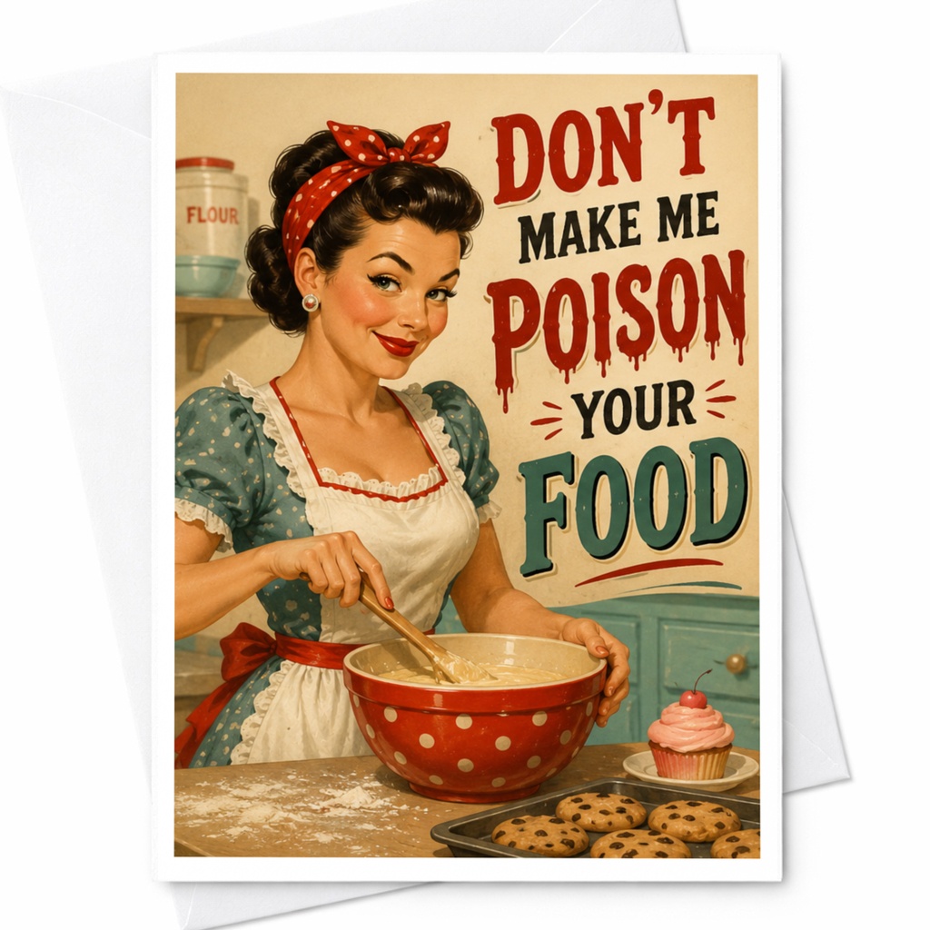 Don't Make Me Poison Your Food Funny Greeting Card Retro Woman Baking Card For Friend Sarcastic Kitchen Decor C6014