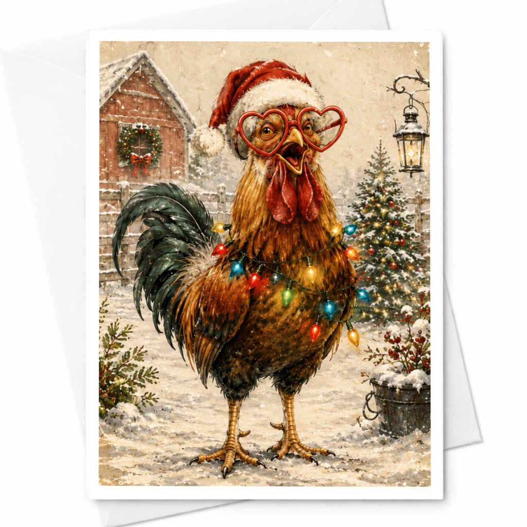 Festive Rooster Christmas Card Cute Holiday Greeting Card Farm Animal Lover Funny Santa Hat Lights Winter Scene C6016