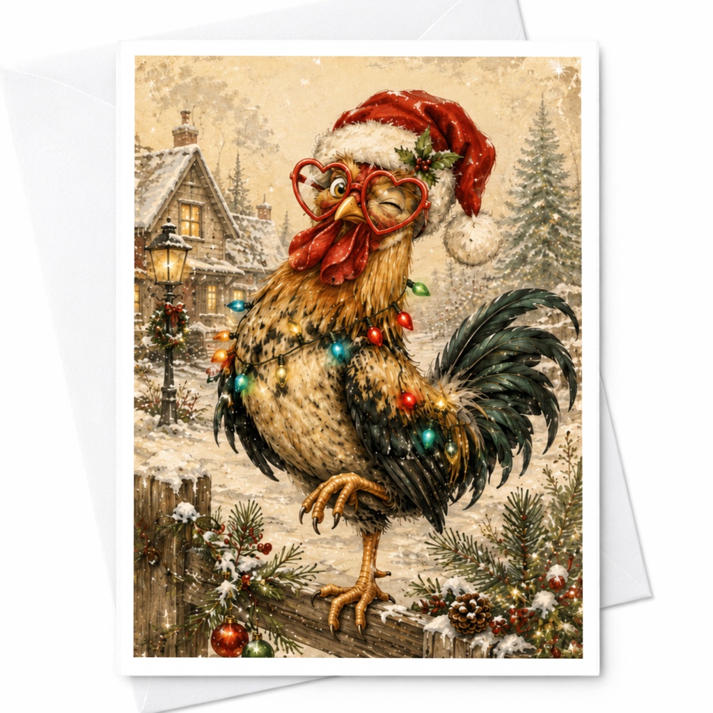 Festive Rooster Christmas Card Cute Holiday Greeting Card With Santa Hat And Lights Funny Animal Card For Farm Lovers C6017