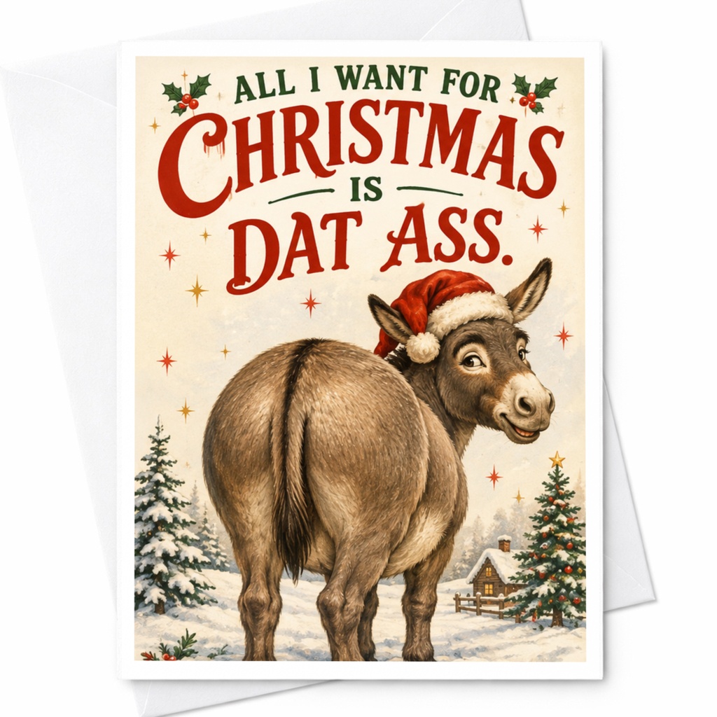 All I Want For Christmas Is Dat Ass Funny Christmas Card Donkey Santa Hat Holiday Card For Him Her Cute Animal C6031