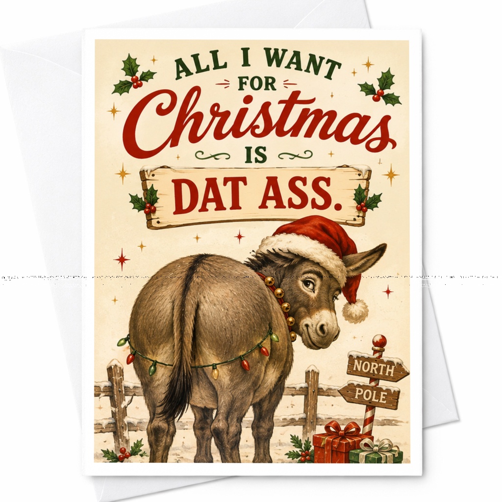 All I Want For Christmas Is Dat Ass. Funny Christmas Card Donkey Holiday Greeting Card For Him Her Cute Animal Card C6032