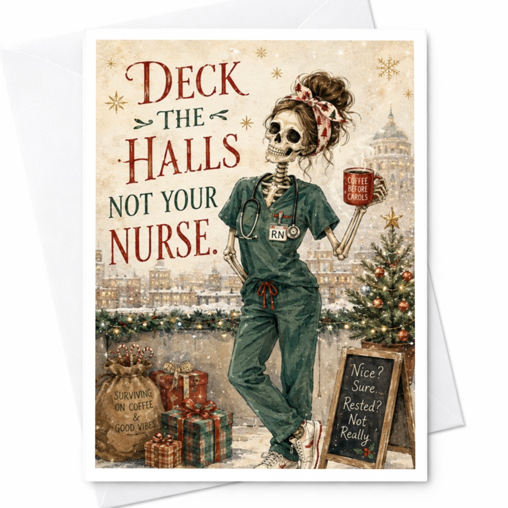 Deck The Halls Not Your Nurse Funny Christmas Card Nurse Holiday Greeting Card Cute Skeleton Coffee Lover Rn C6034
