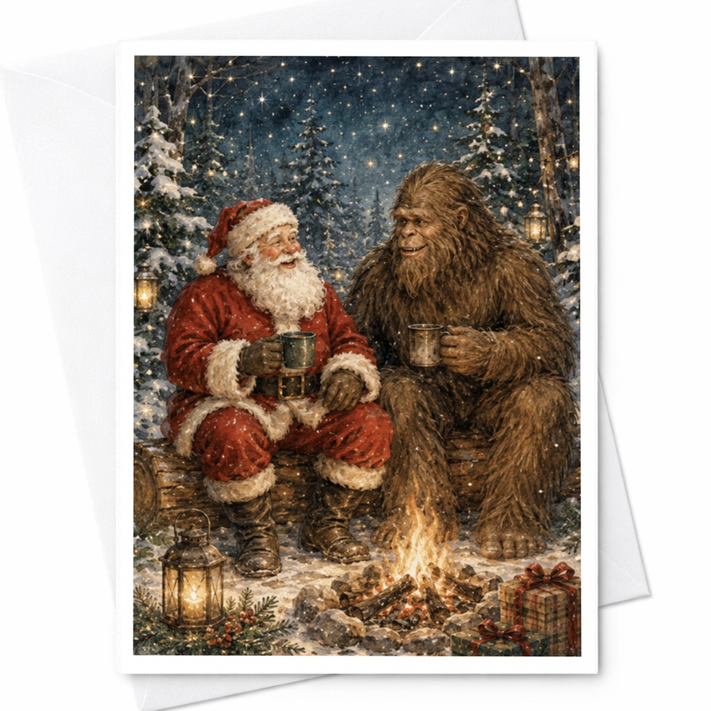 Santa And Bigfoot Christmas Card Cozy Winter Scene Holiday Greeting Card For Him Funny Festive Card Woodland Christmas C5955