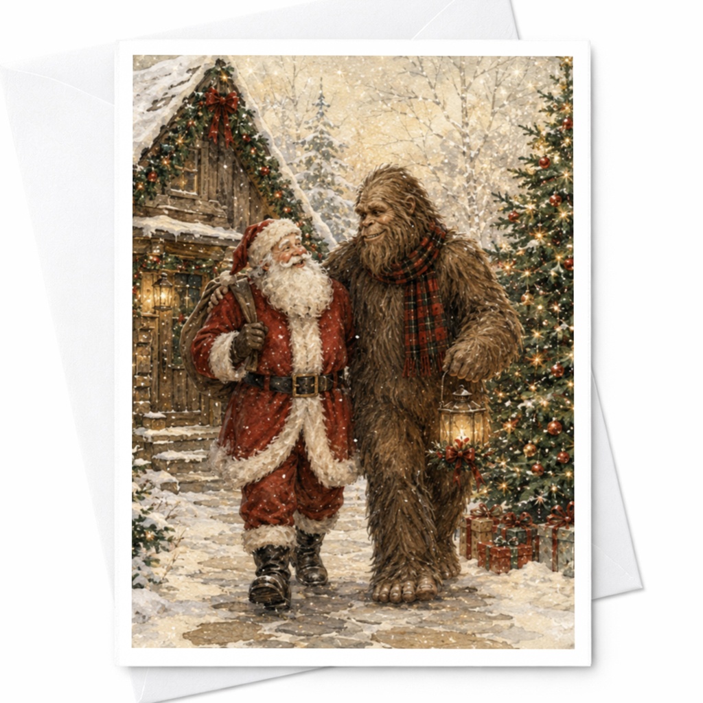 Santa And Bigfoot Christmas Card Festive Holiday Greeting Card Winter Scene For Him Her Cute Seasonal Card C5956