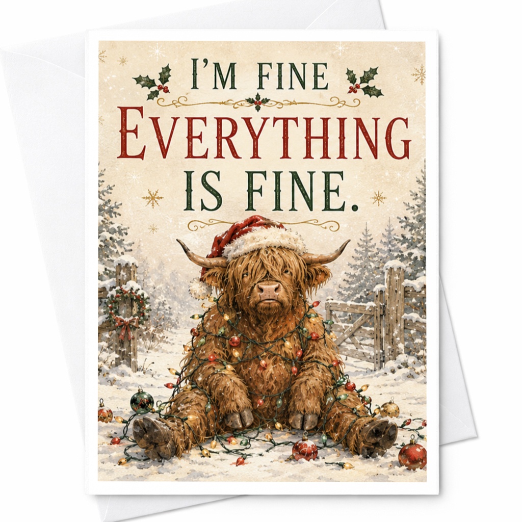 I'm Fine Everything Is Fine. Funny Christmas Card Highland Cow Holiday Cute Animal Card For Friend Family C5961
