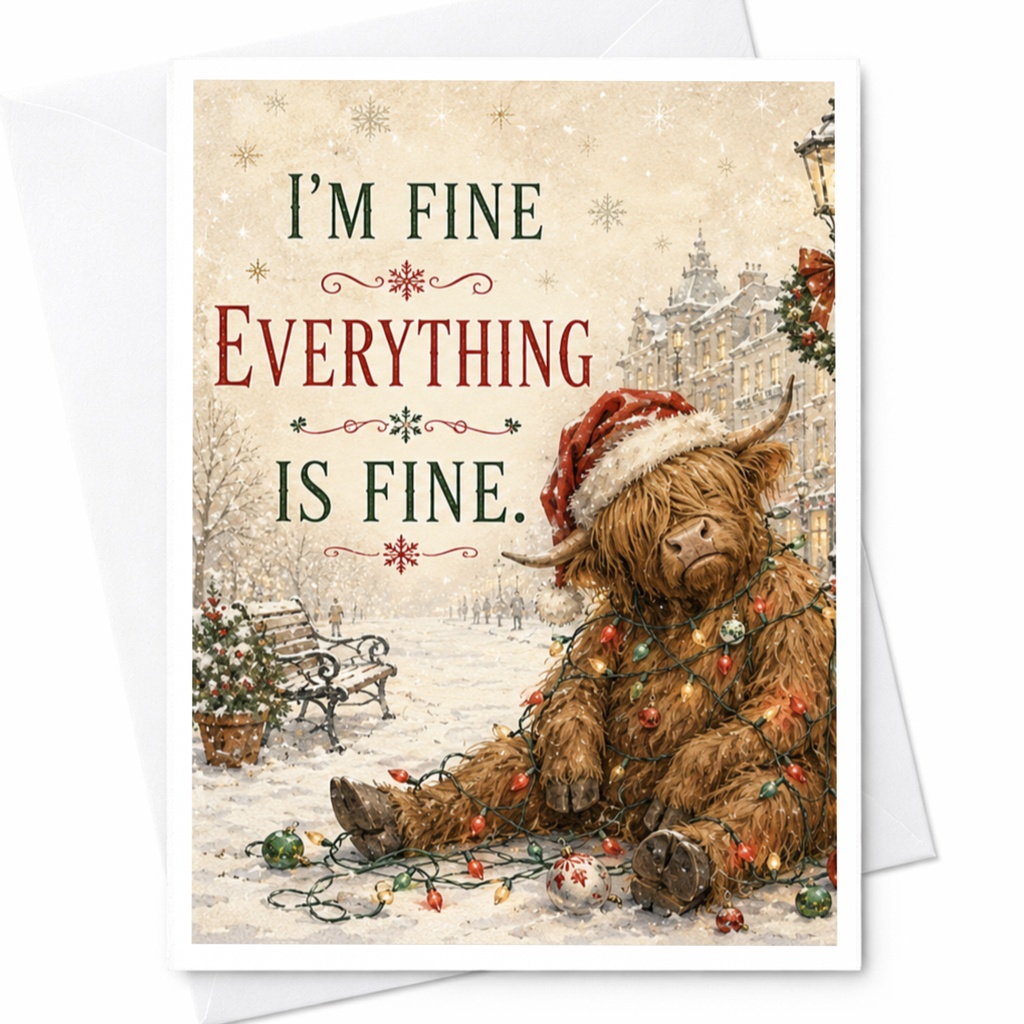 I'm Fine Everything Is Fine. Funny Christmas Card Highland Cow Holiday Cute Animal Card For Friend Family C5963
