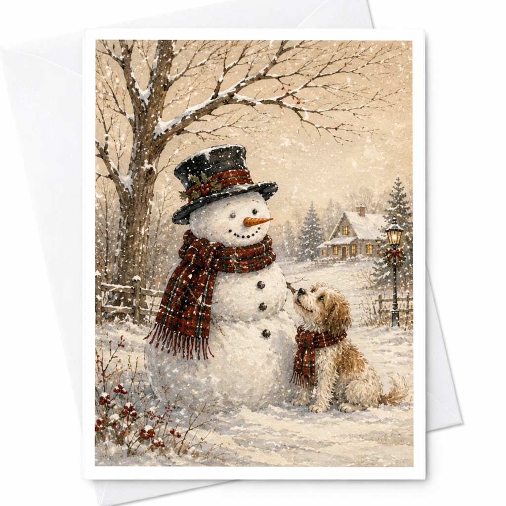 Snowman And Dog Christmas Card Winter Scene Holiday Greeting Card Cute Snowy Landscape For Dog Lover Festive Seasonal Card C6035