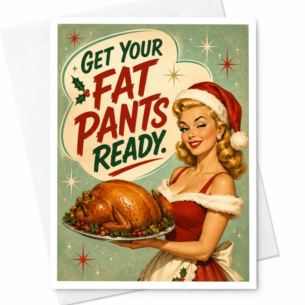 Get Your Fat Pants Ready Funny Christmas Card Retro Holiday Santa Woman Turkey Festive Greeting Card C5967