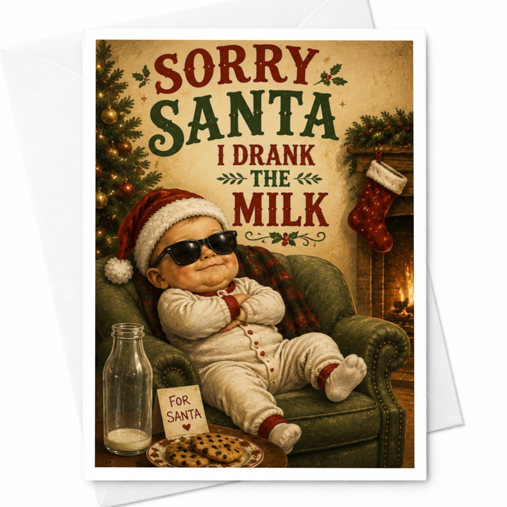 Sorry Santa I Drank The Milk Funny Christmas Card Cute Holiday Greeting Card For Santa Festive Card With Baby C6041