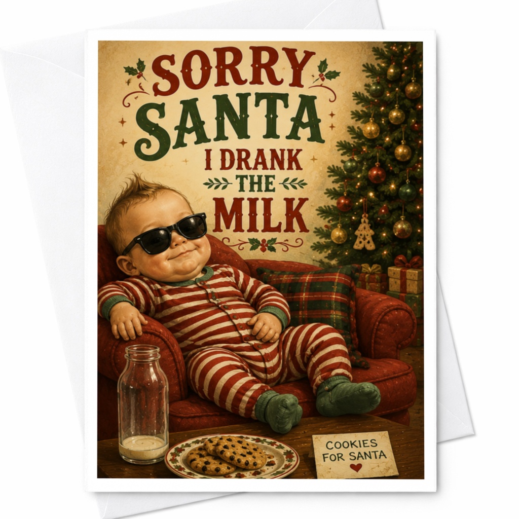 Sorry Santa I Drank The Milk Funny Christmas Card Baby Holiday Greeting Card Cute Santa Card For Kids Family C6042