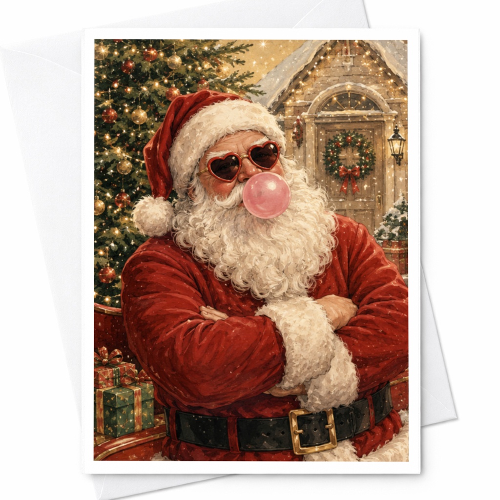 Santa Christmas Card Funny Holiday Greeting Card Santa With Heart Sunglasses Bubblegum Festive Card For Christmas Cheer C5978