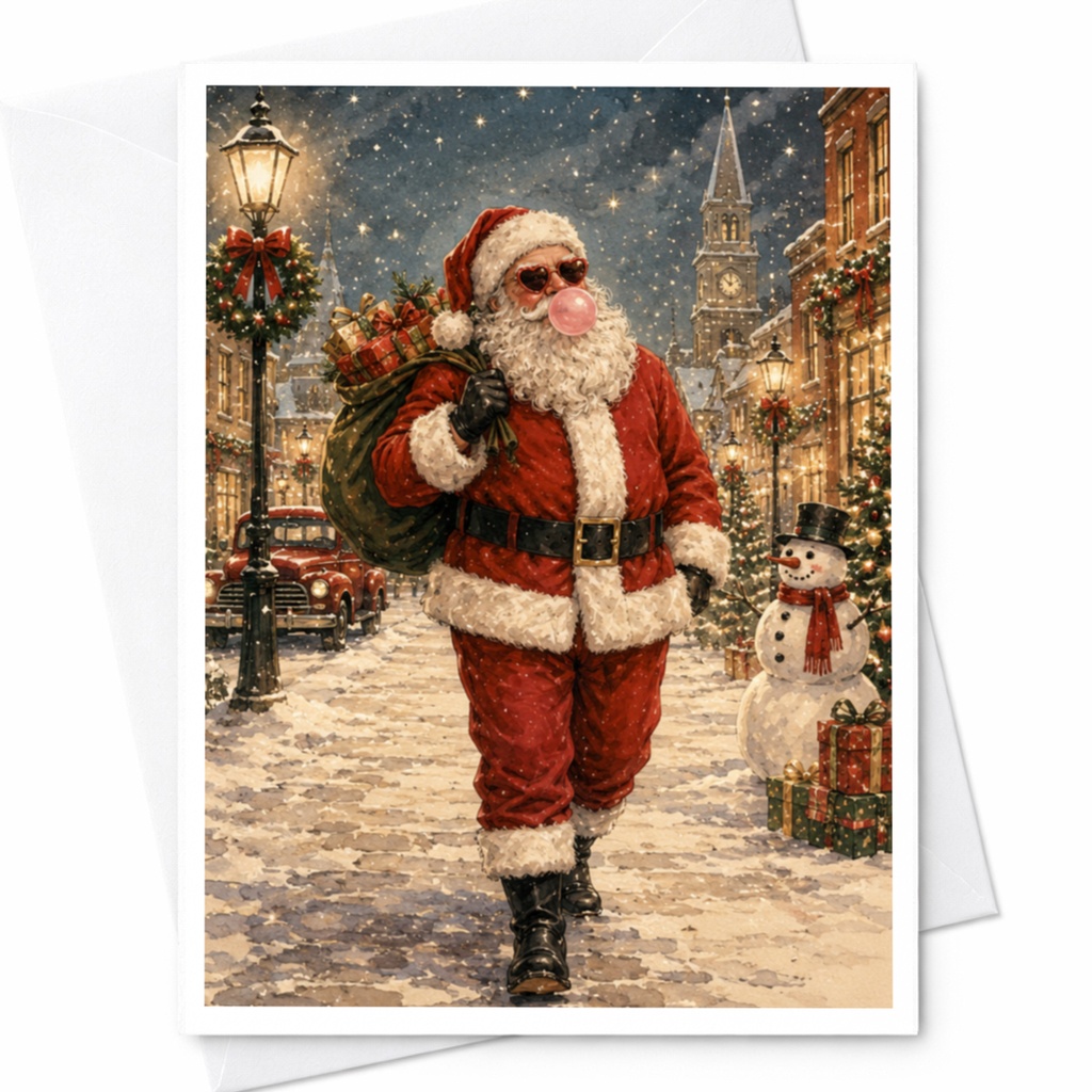 Santa Christmas Card Festive Holiday Greeting Card Cute Santa With Bubblegum Snowy Street Scene For Christmas Cheer C5979