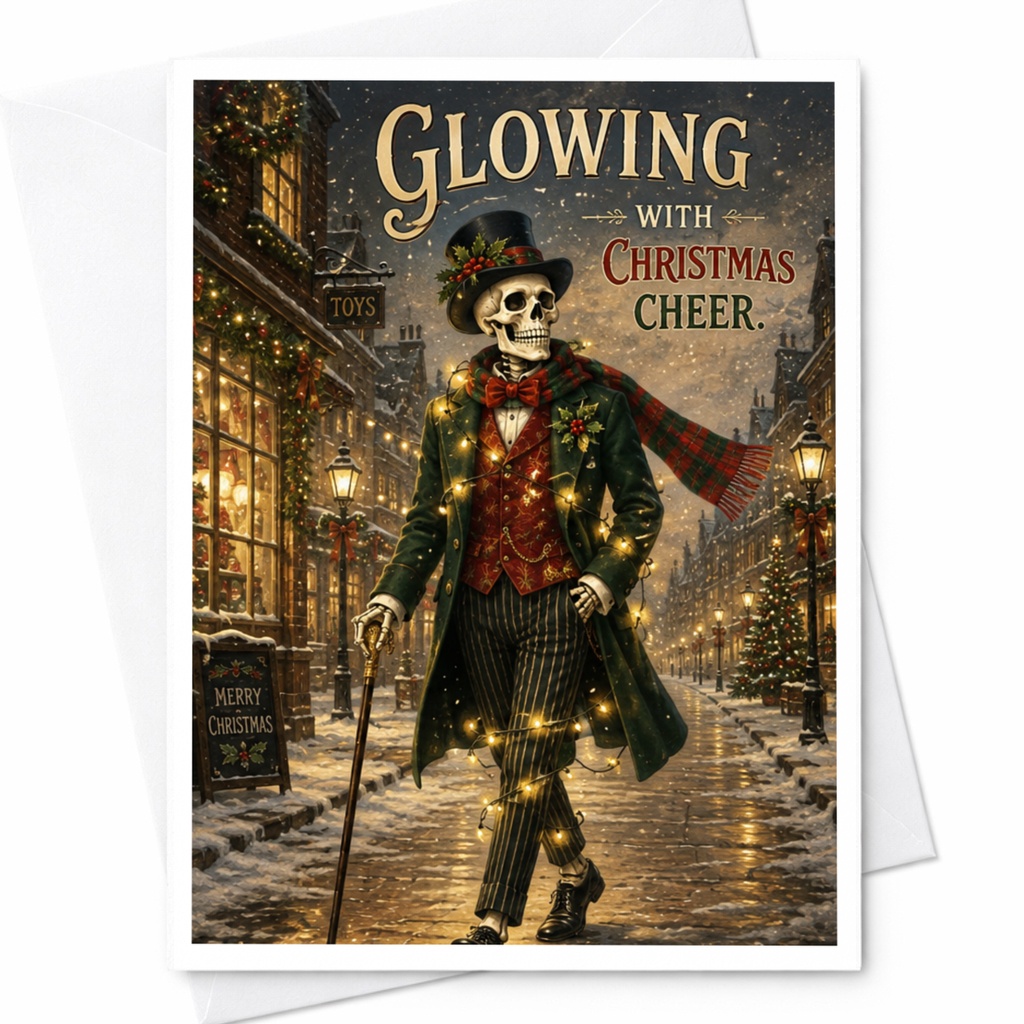 Glowing With Christmas Cheer Skeleton Christmas Card Festive Holiday Greeting Card Unique Xmas Card For Friends Family C6047