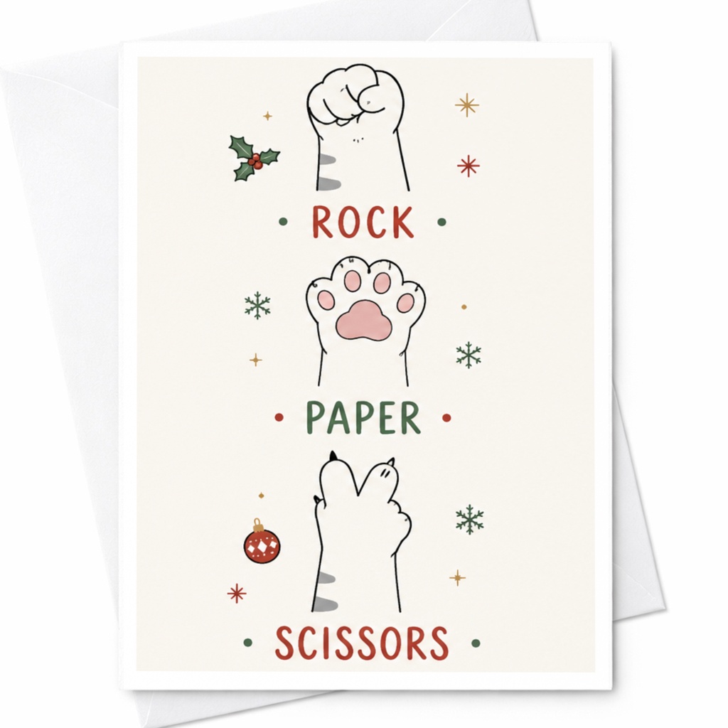Rock Paper Scissors Funny Christmas Card Cat Lover Holiday Greeting Card Cute Animal Festive Card For Friends C5980