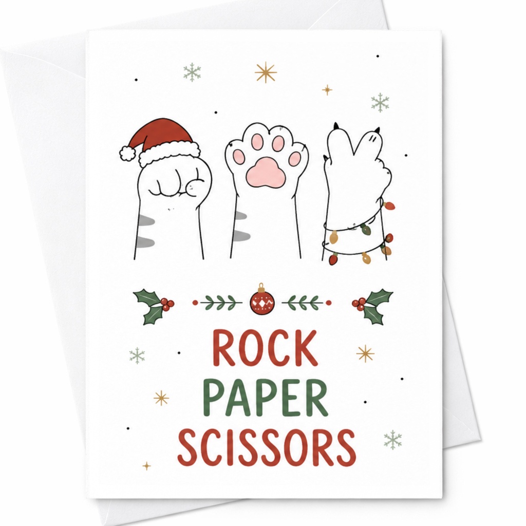 Rock Paper Scissors Funny Christmas Card Cat Lover Holiday Greeting Card Cute Festive Cats Santa Hat Lights C5981