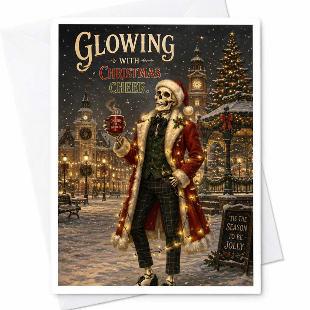 Glowing With Christmas Cheer Festive Skeleton Christmas Card Funny Holiday Greeting Card For Friends Family Unique Xmas Card C6048