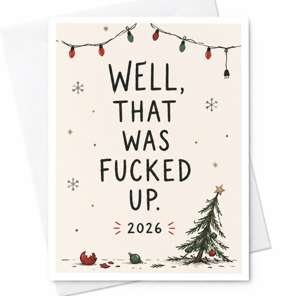 Well, That Was Fucked Up. 2026 Funny New Year Card Holiday Greeting Card For Friends Sarcastic Christmas Tree C5985