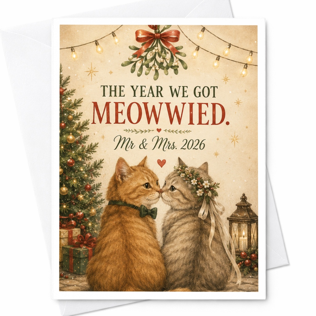 The Year We Got Meowwied Wedding Card Mr & Mrs 2026 Cute Cat Christmas Theme Newlywed Couple Greeting Card C5989