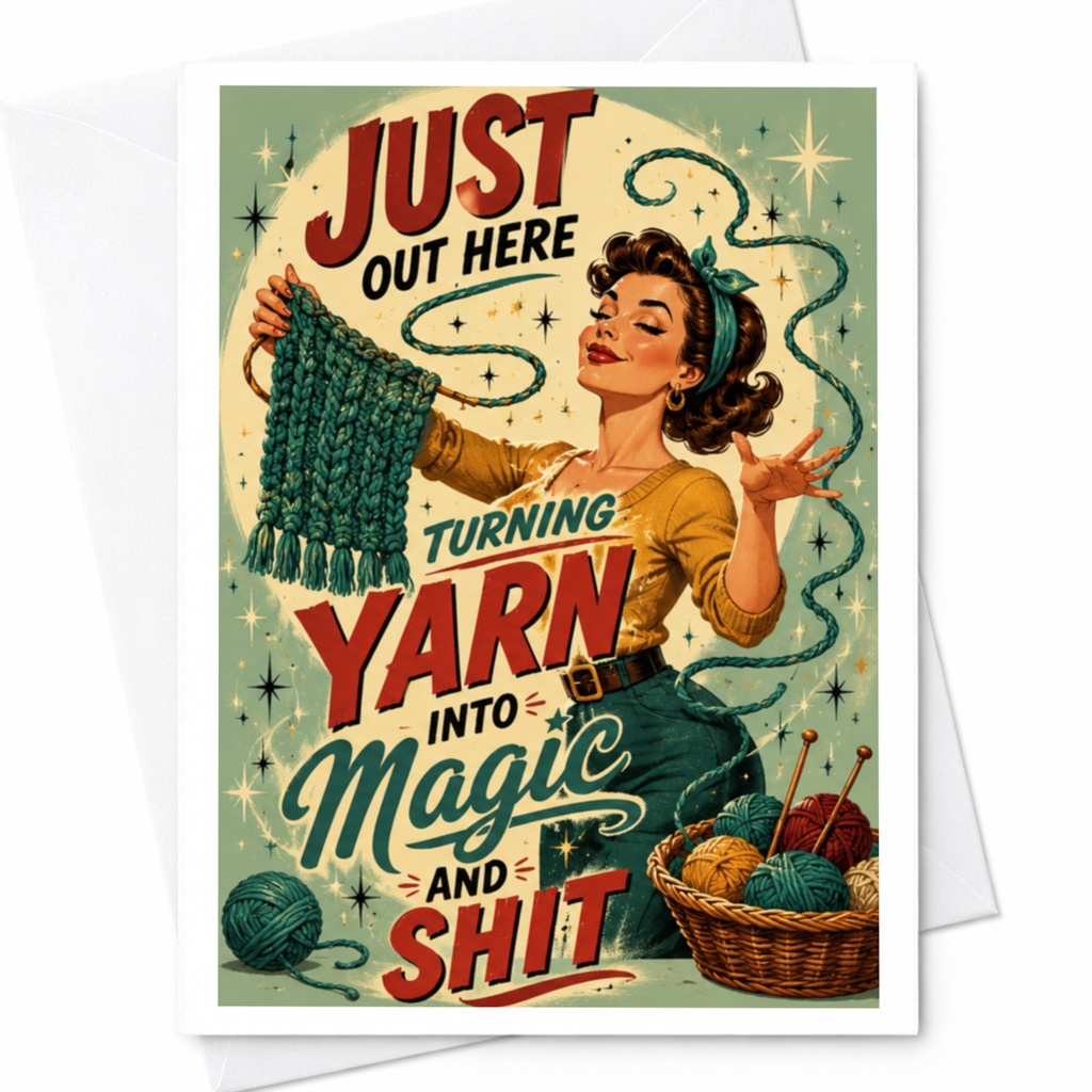 Just Out Here Turning Yarn Into Magic And Shit Funny Knitting Card Retro Yarn Lover Gift For Her Craft Enthusiast Card C5991