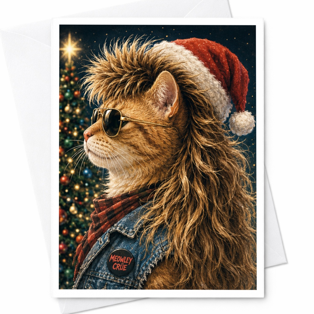 Meowley Crüe Funny Christmas Card Cat With Sunglasses Santa Hat Holiday Greeting Card For Cat Lover Cute Animal Card C5992