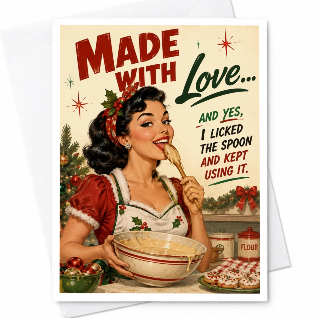 Made With Love... And Yes, I Licked The Spoon And Kept Using It. Funny Christmas Card Retro Holiday Baking For Her C5996