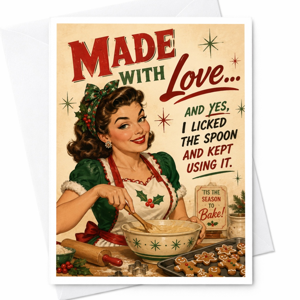 Made With Love... Funny Christmas Card Retro Baking Theme Holiday Greeting Card For Baker Cute Vintage Style C5997