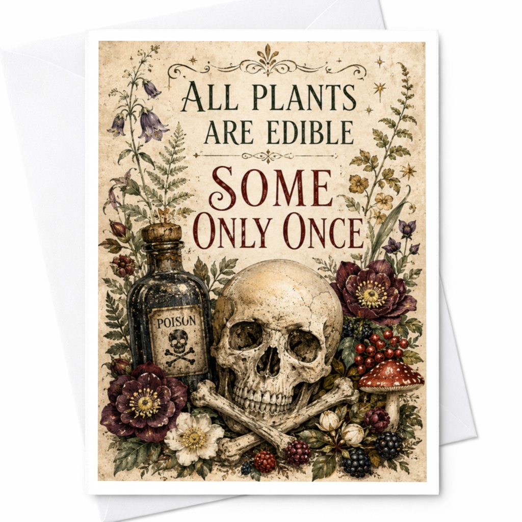 All Plants Are Edible Some Only Once Greeting Card Skull Poison Botanical Illustration Funny Card For Plant Lover C6004