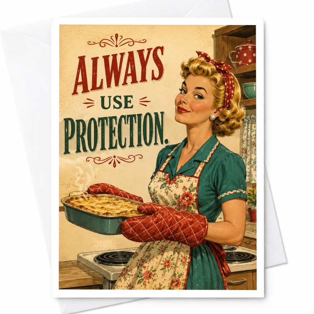 Always Use Protection Funny Greeting Card Retro Kitchen Card For Her Vintage Style Birthday Card Cute C6009
