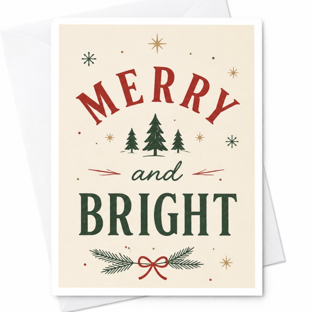 Merry And Bright Christmas Card Festive Holiday Greeting Card With Trees And Stars For Family Friends Seasonal Wishes C6011