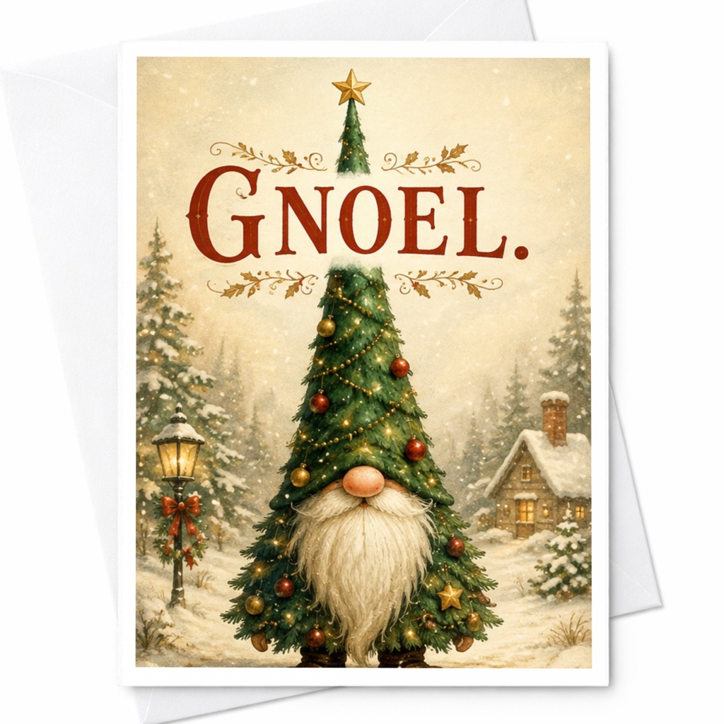 Gnoel. Funny Christmas Card Gnome Tree Holiday Greeting Card Cute Festive For Friends Family Seasonal C6019