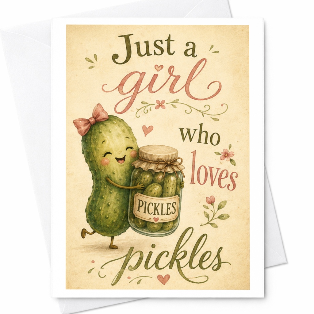 Just A Girl Who Loves Pickles Cute Greeting Card Funny Everyday Card For Her Pickle Lover Adorable Illustration C6024