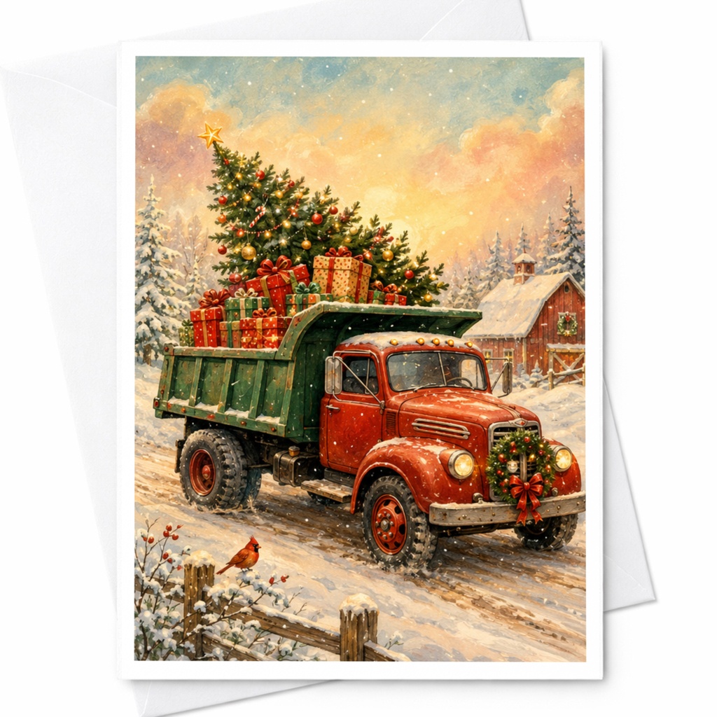 Vintage Truck Christmas Card Festive Holiday Greeting Card With Tree And Gifts Winter Scene For Family And Friends C6025