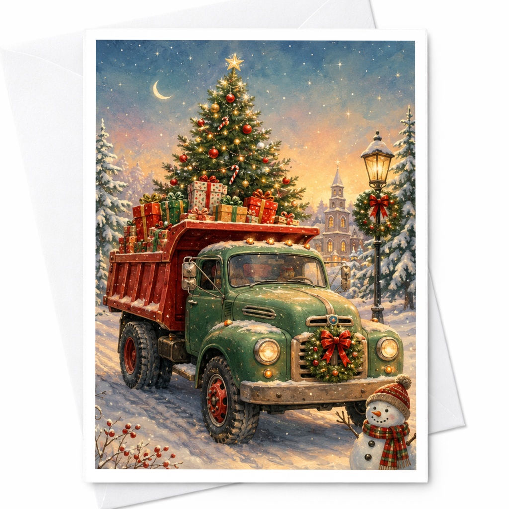 Vintage Truck Christmas Card Festive Holiday Greeting Card With Tree And Gifts For Family Winter Scene Snowman C6026
