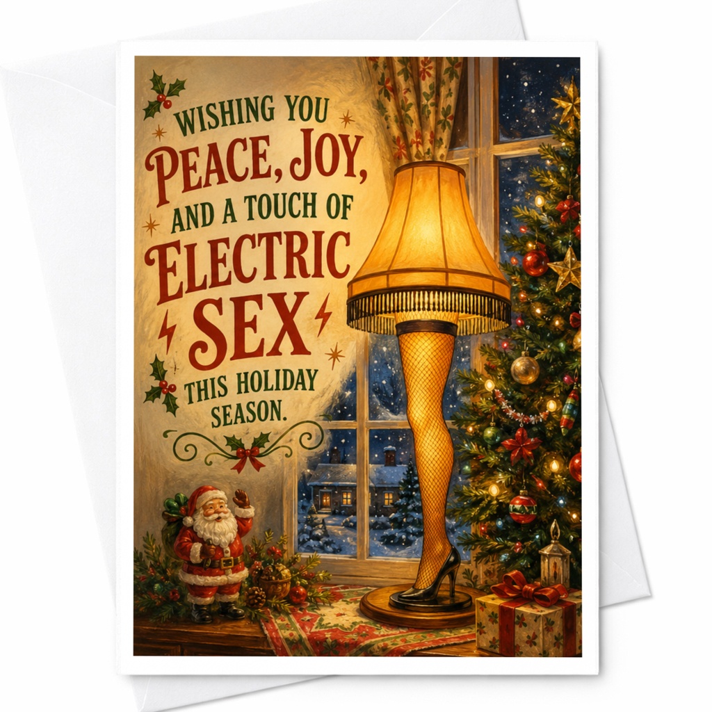 Wishing You Peace, Joy, And A Touch Of Electric Sex Christmas Card Funny Holiday Greeting Card Leg Lamp For Him Her C6028