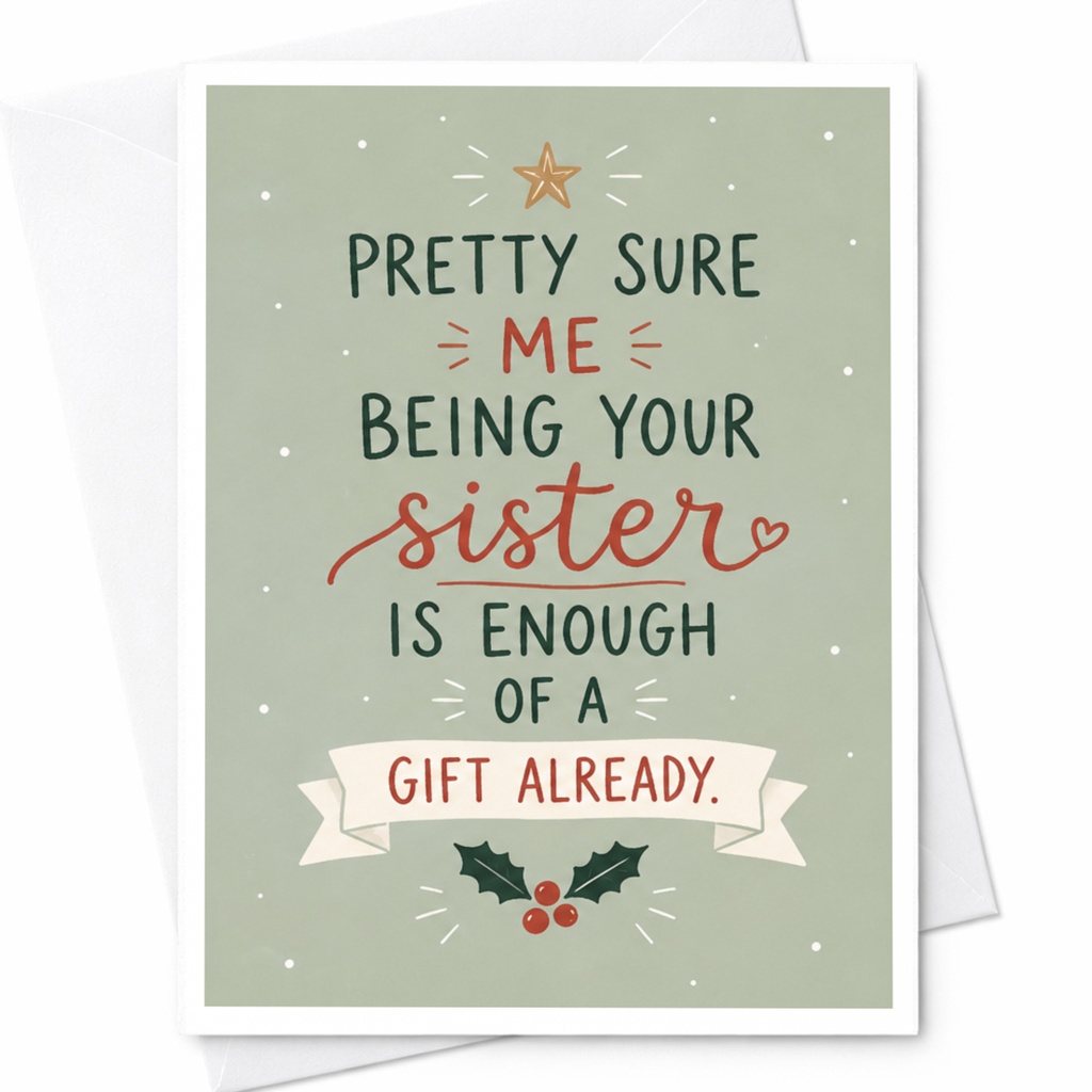 Pretty Sure Me Being Your Sister Is Enough Of A Gift Already Funny Christmas Card For Sister Holiday Greeting Card C6030