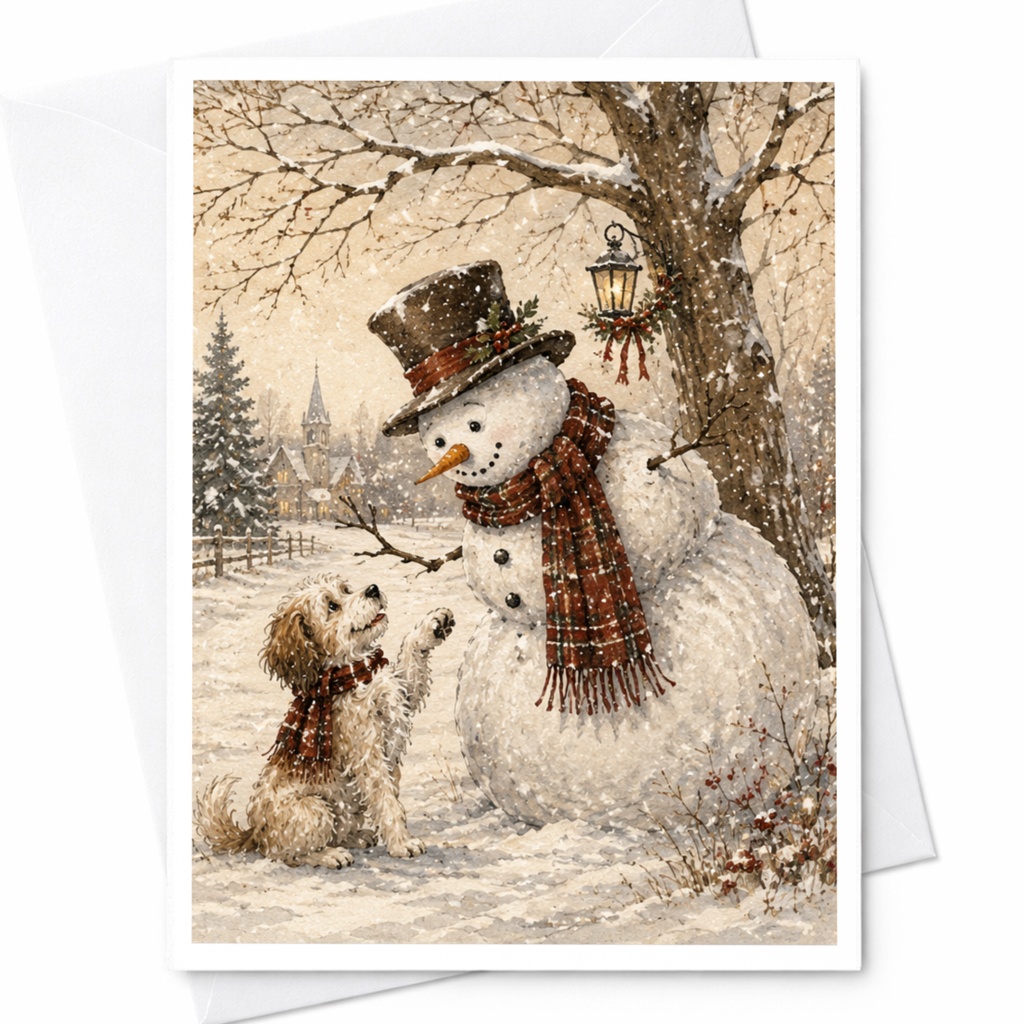Dog And Snowman Christmas Card Winter Scene Greeting Card Cute Holiday Card For Dog Lover Festive Snowy Landscape Card C6036