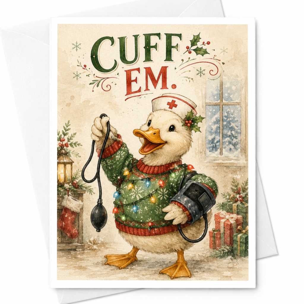 Cuff Em. Funny Christmas Card Cute Duck Nurse Holiday Greeting Card For Nurse Medical Professional C6038