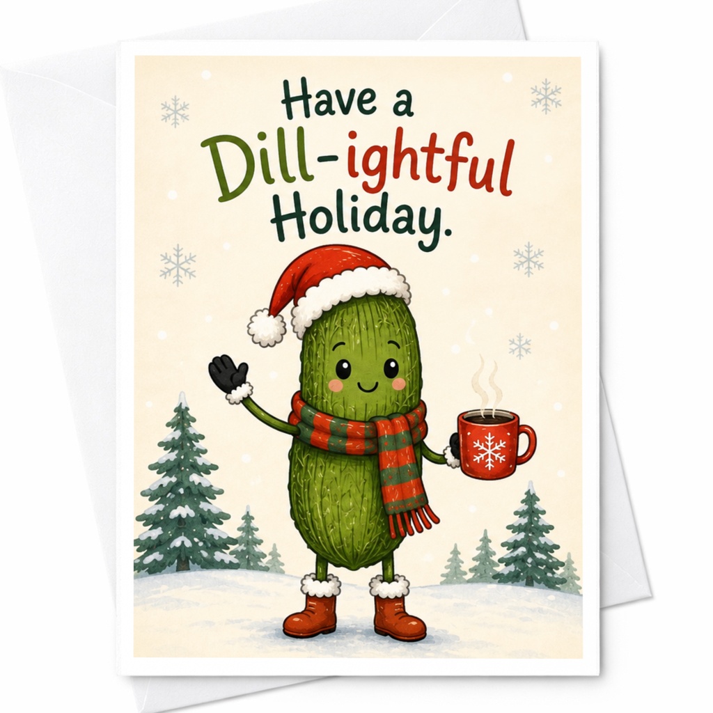 Have A Dill-Ightful Holiday Funny Christmas Card Cute Pickle Santa Hat Holiday Greeting Card For Friend Family C6043