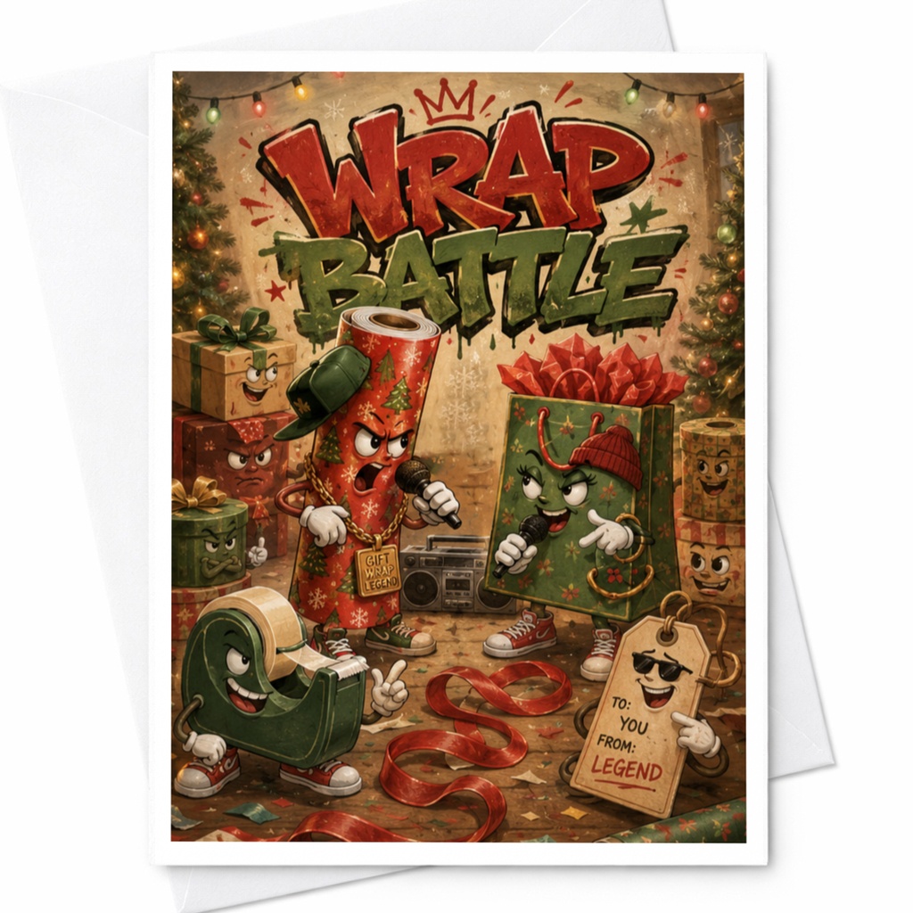 Wrap Battle Funny Christmas Card Festive Holiday Greeting Card For Friends Family Gift Wrap Theme C6045