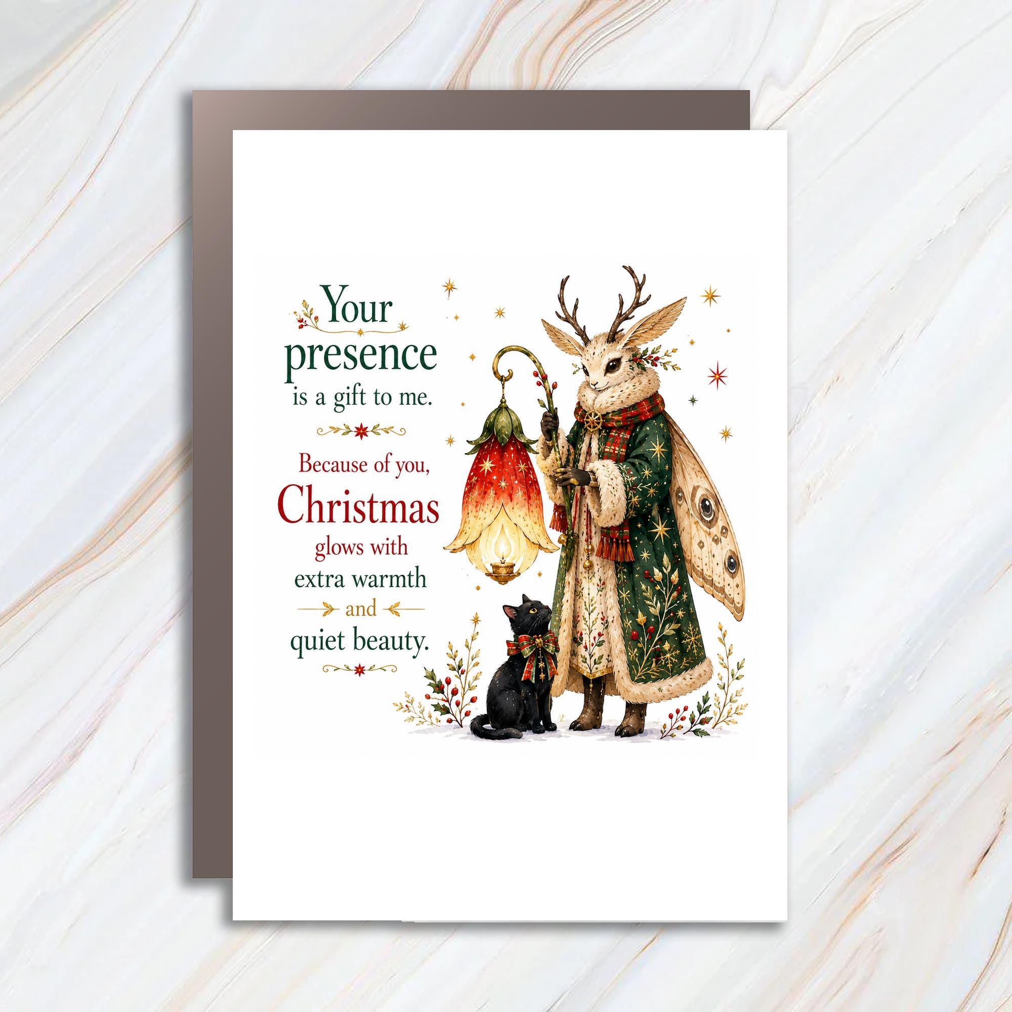 Your Presence Is A Gift To Me Christmas Card Festive Animal Lantern Cat Holiday Greeting Card Warmth Beauty C1353