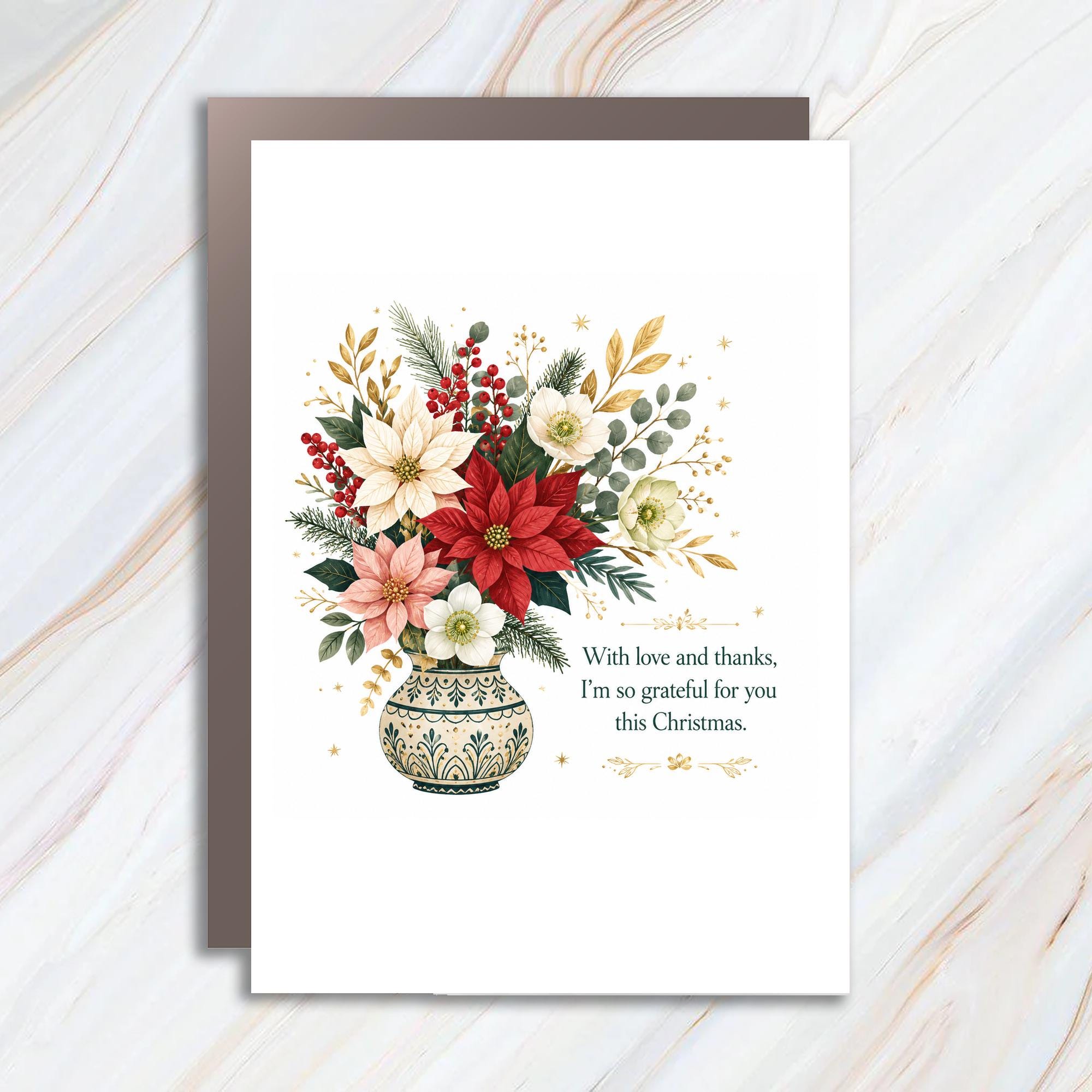 With Love And Thanks, I’m So Grateful For You This Christmas Card Floral Holiday Greeting Card For Friend Family C1369