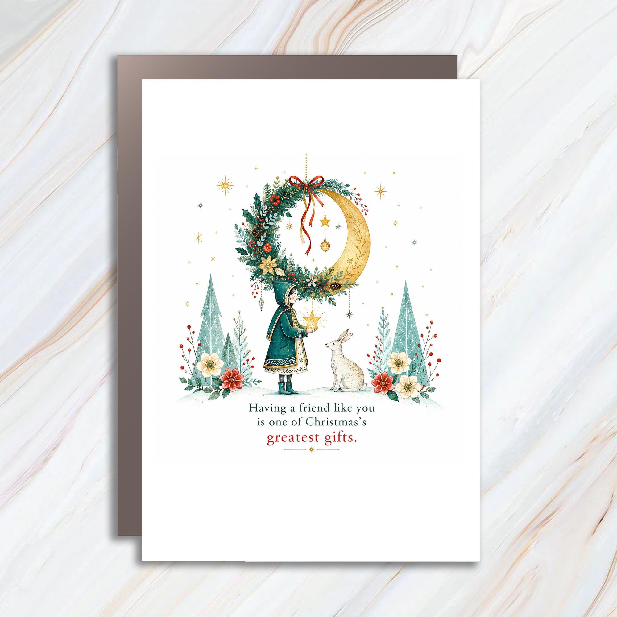 Having A Friend Like You Christmas Card Holiday Greeting Card For Friend Cute Winter Scene With Wreath And Rabbit C1372