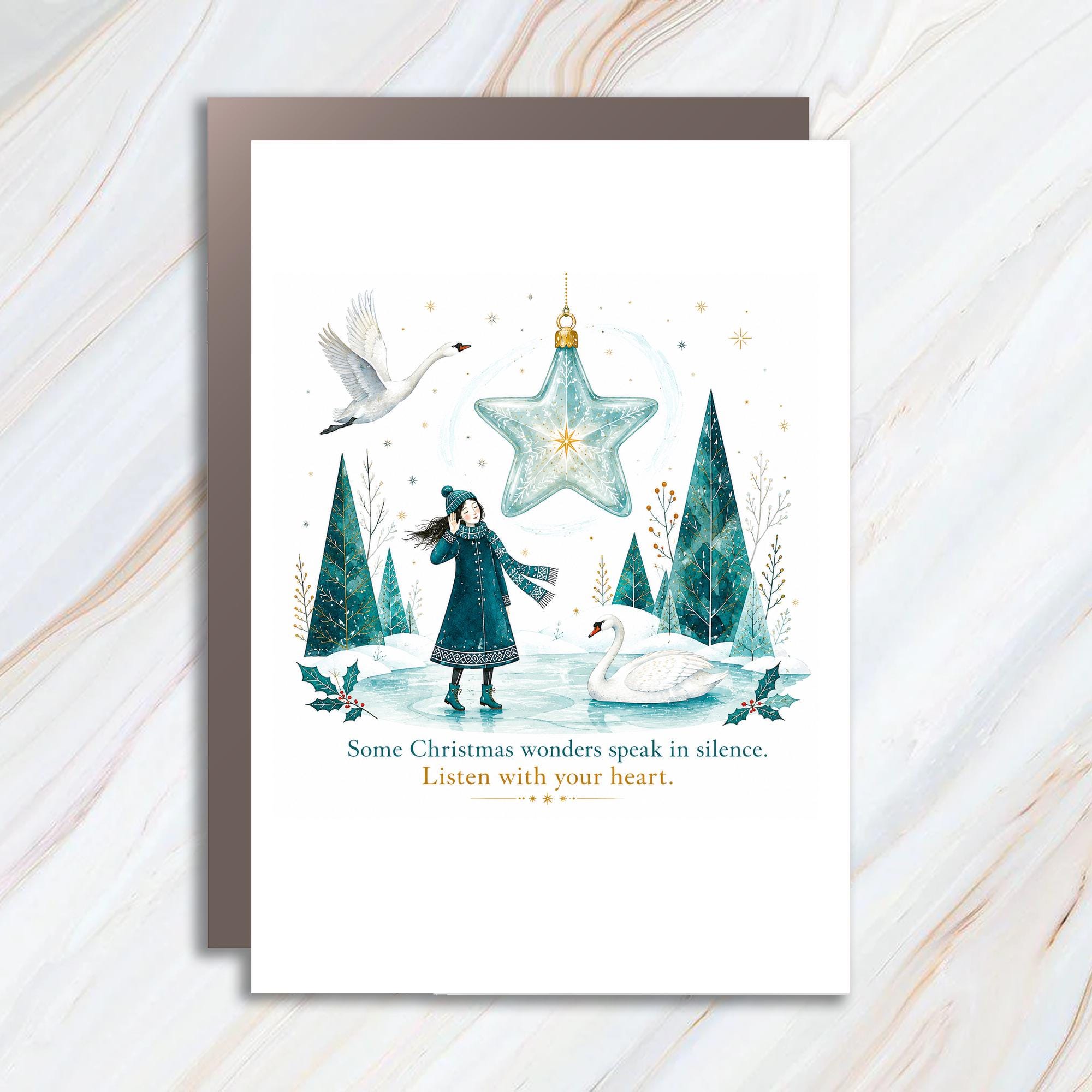 Some Christmas Wonders Speak In Silence Listen With Your Heart Christmas Card Winter Scene Swans Trees Holiday Greeting C1358