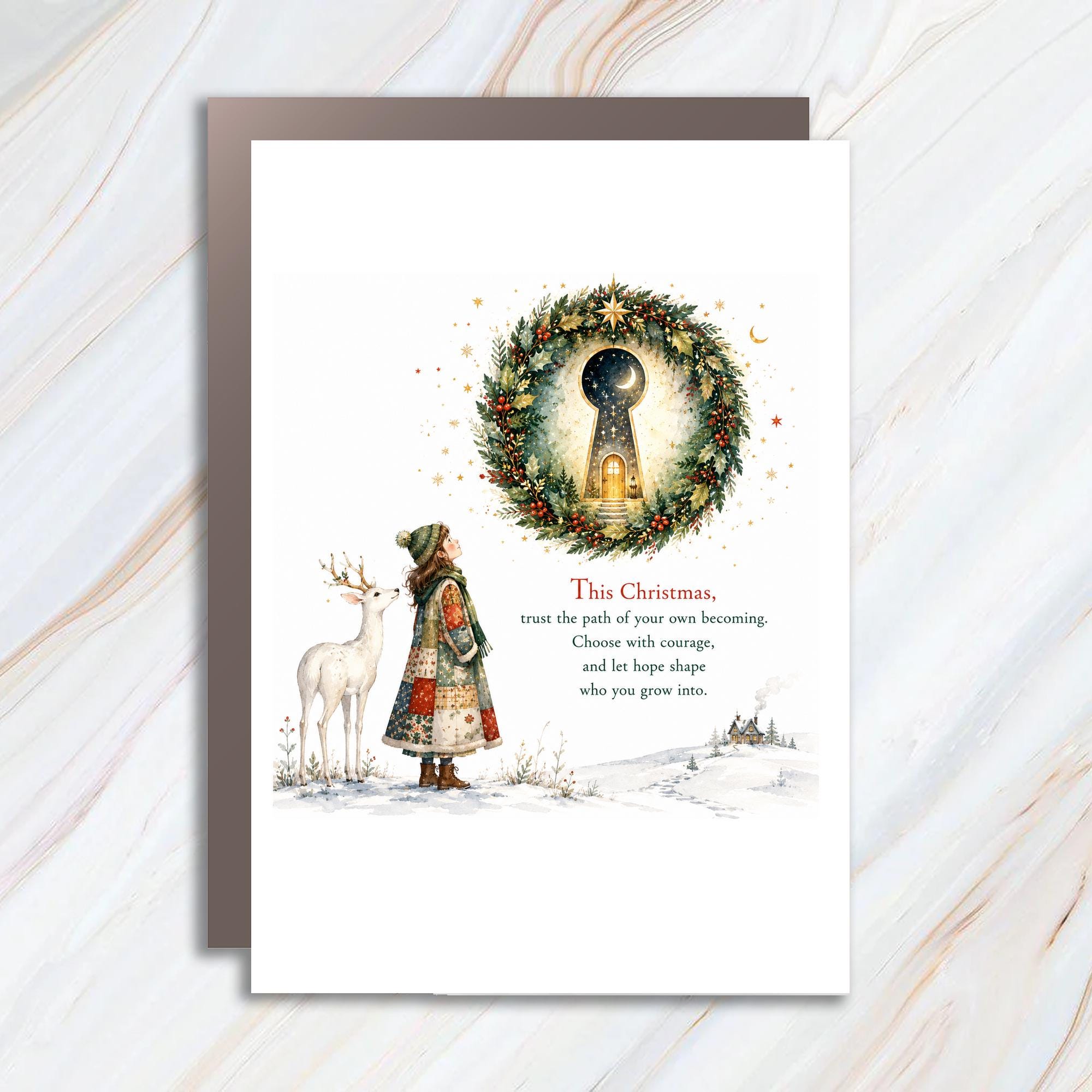 This Christmas Trust The Path Inspirational Christmas Card Girl Deer Wreath Keyhole Holiday Greeting Card For Her Family C1376