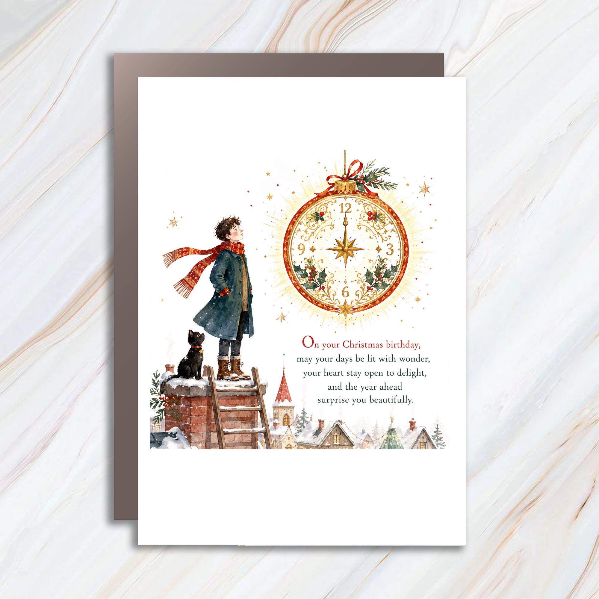 On Your Christmas Birthday Card Festive Holiday Greeting Card For Him Her Winter Celebration Cute Boy Cat Illustration C1379